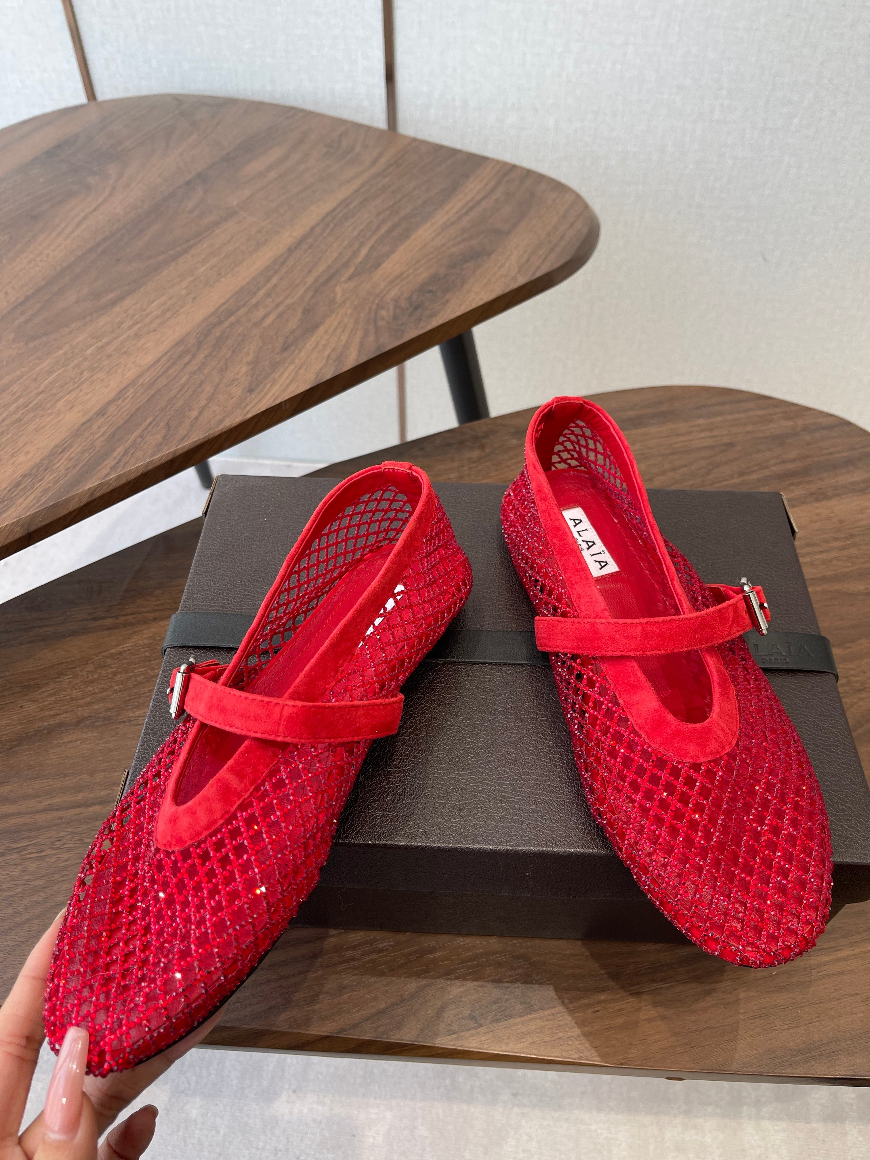 ALAIA 26S MESH FLATS IN RED SUEDE RHINESTONE-EMBELLISHED