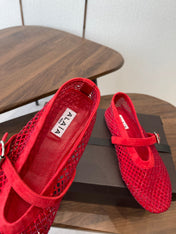 ALAIA 26S MESH FLATS IN RED SUEDE RHINESTONE-EMBELLISHED