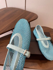 ALAIA 26S MESH FLATS IN BLUE SUEDE RHINESTONE-EMBELLISHED