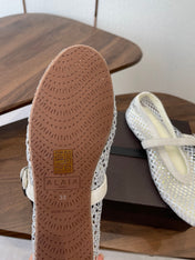 ALAIA 26S MESH FLATS IN WHITE SUEDE RHINESTONE-EMBELLISHED