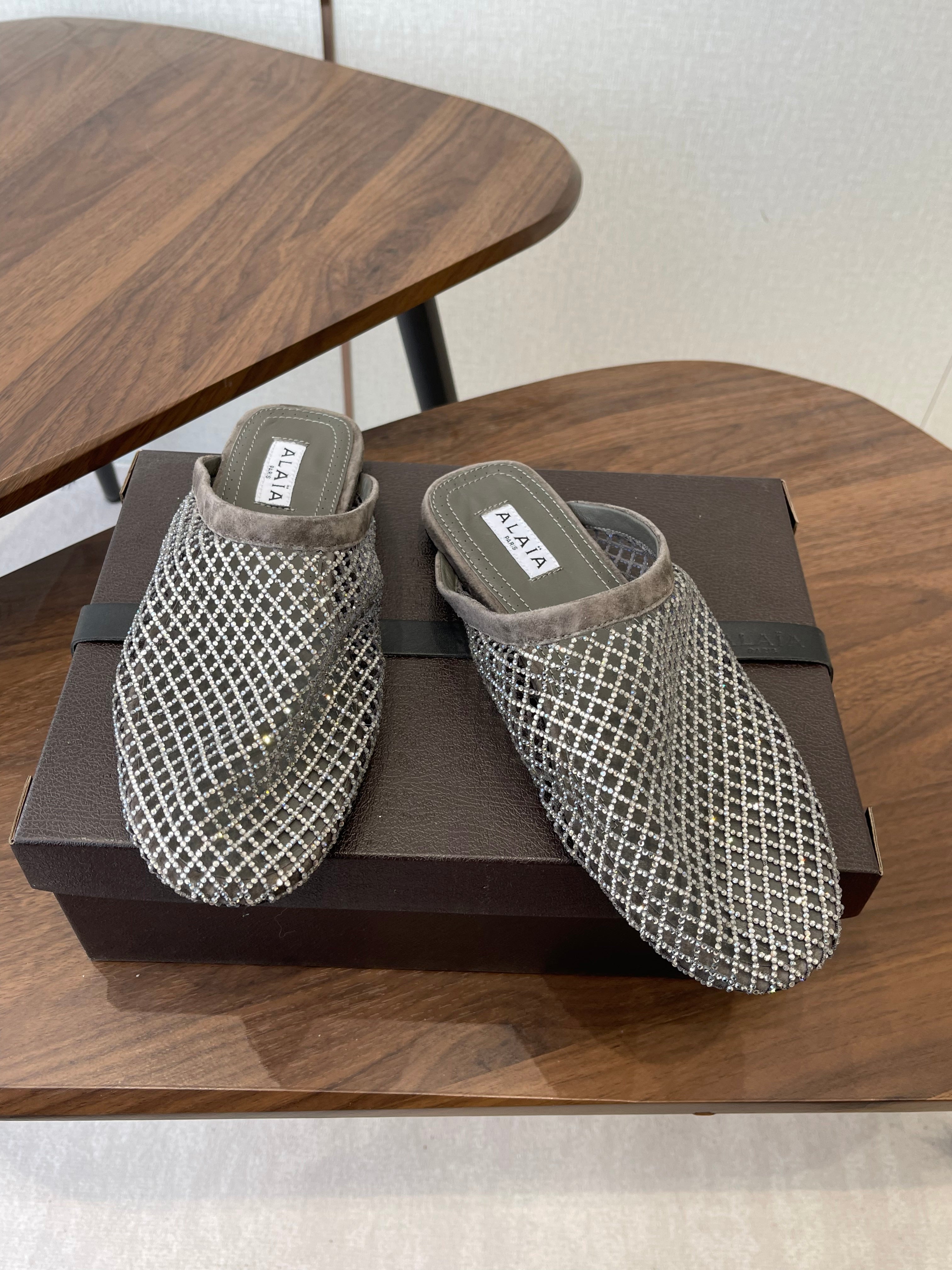 ALAIA 26S FLAT MULES IN DARK GREY SUEDE AND MESH RHINESTONE-EMBELLISHED
