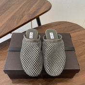 ALAIA 26S FLAT MULES IN DARK GREY SUEDE AND MESH RHINESTONE-EMBELLISHED