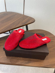 ALAIA 26S FLAT MULES IN RED SUEDE AND MESH RHINESTONE-EMBELLISHED