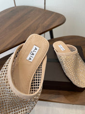 ALAIA 26S FLAT MULES IN BEIGE SUEDE AND MESH RHINESTONE-EMBELLISHED