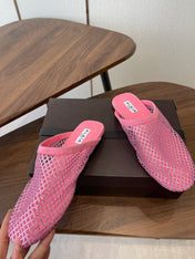 ALAIA 26S FLAT MULES IN PINK SUEDE AND MESH RHINESTONE-EMBELLISHED