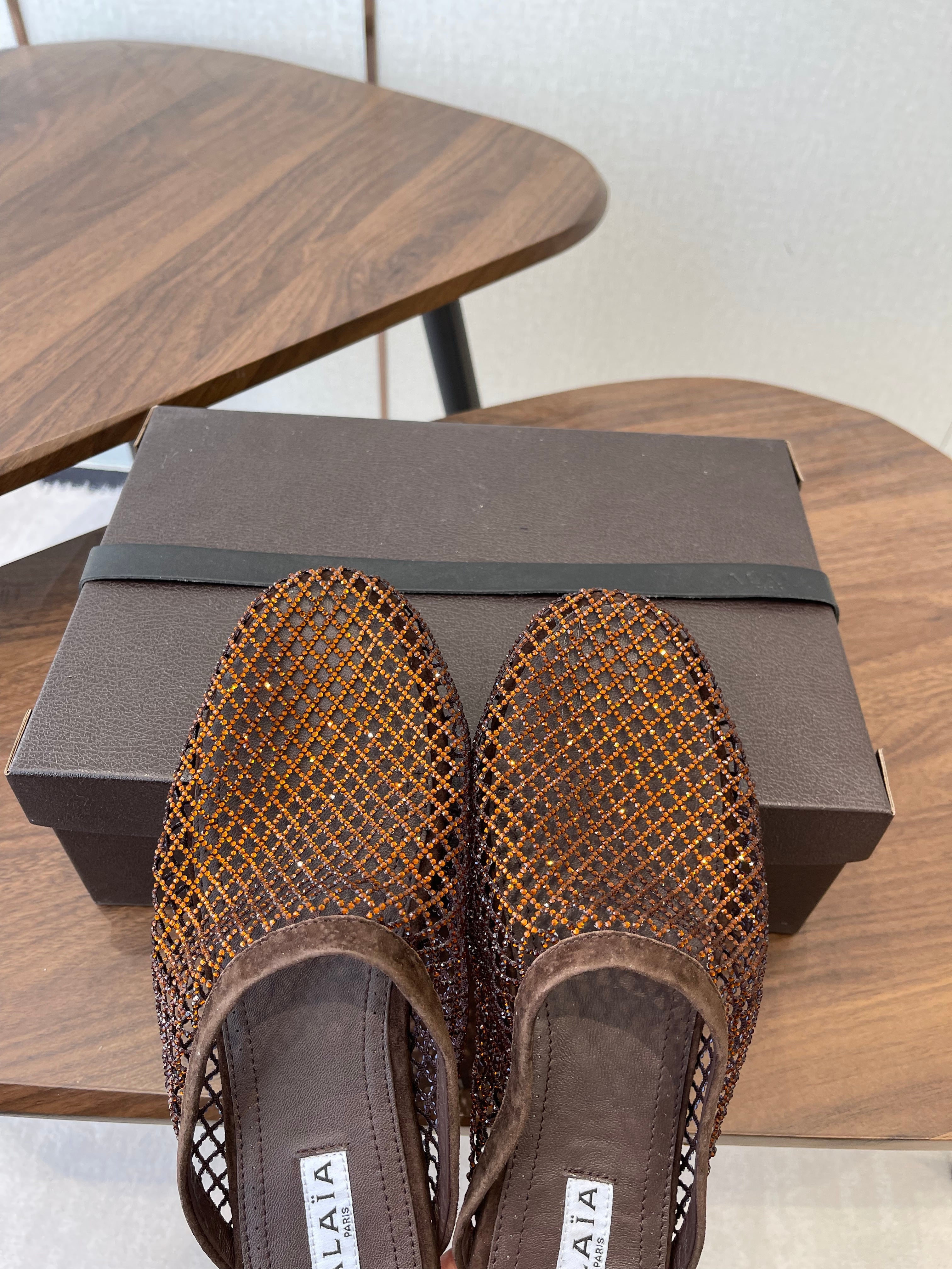 ALAIA 26S FLAT MULES IN DARK BROWN SUEDE AND MESH RHINESTONE-EMBELLISHED