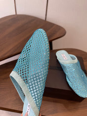 ALAIA 26S FLAT MULES IN BLUE SUEDE AND MESH RHINESTONE-EMBELLISHED