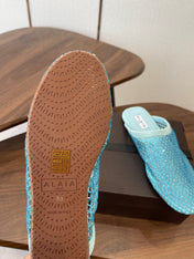 ALAIA 26S FLAT MULES IN BLUE SUEDE AND MESH RHINESTONE-EMBELLISHED