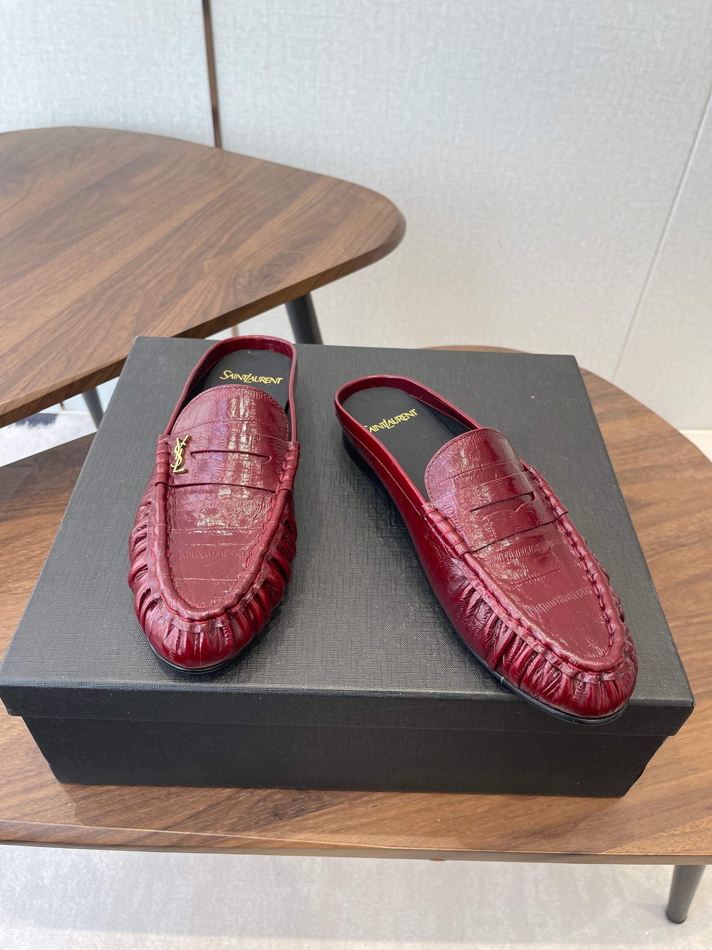YSL 26S LOAFER MULES IN DARK RED CALFSKIN