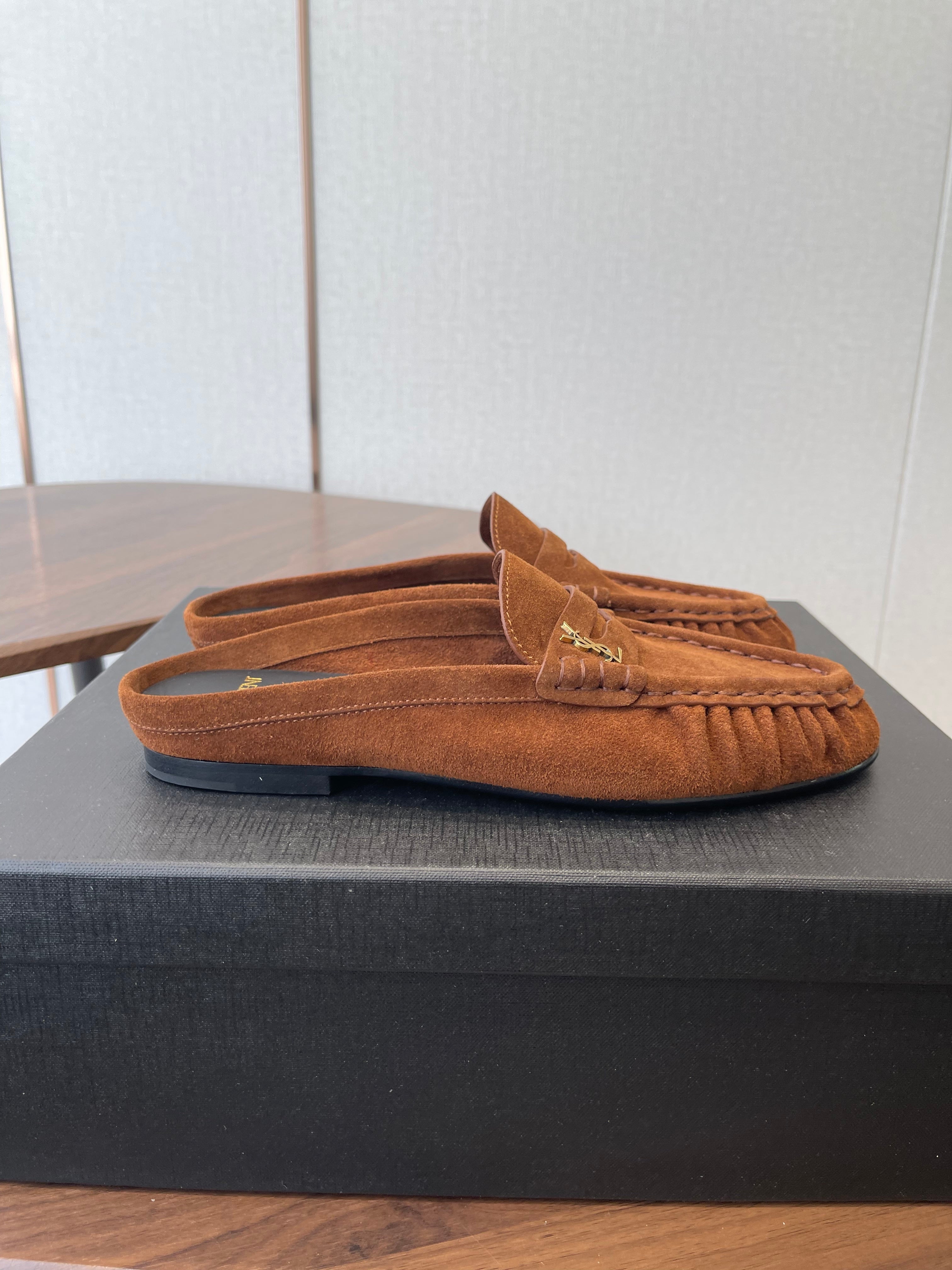 YSL 26S LOAFER MULES IN BURNT ORANGE BROWN SUEDE