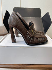 YSL 26S HEELED LOAFERS 100 MM IN DARK BROWN CALFSKIN
