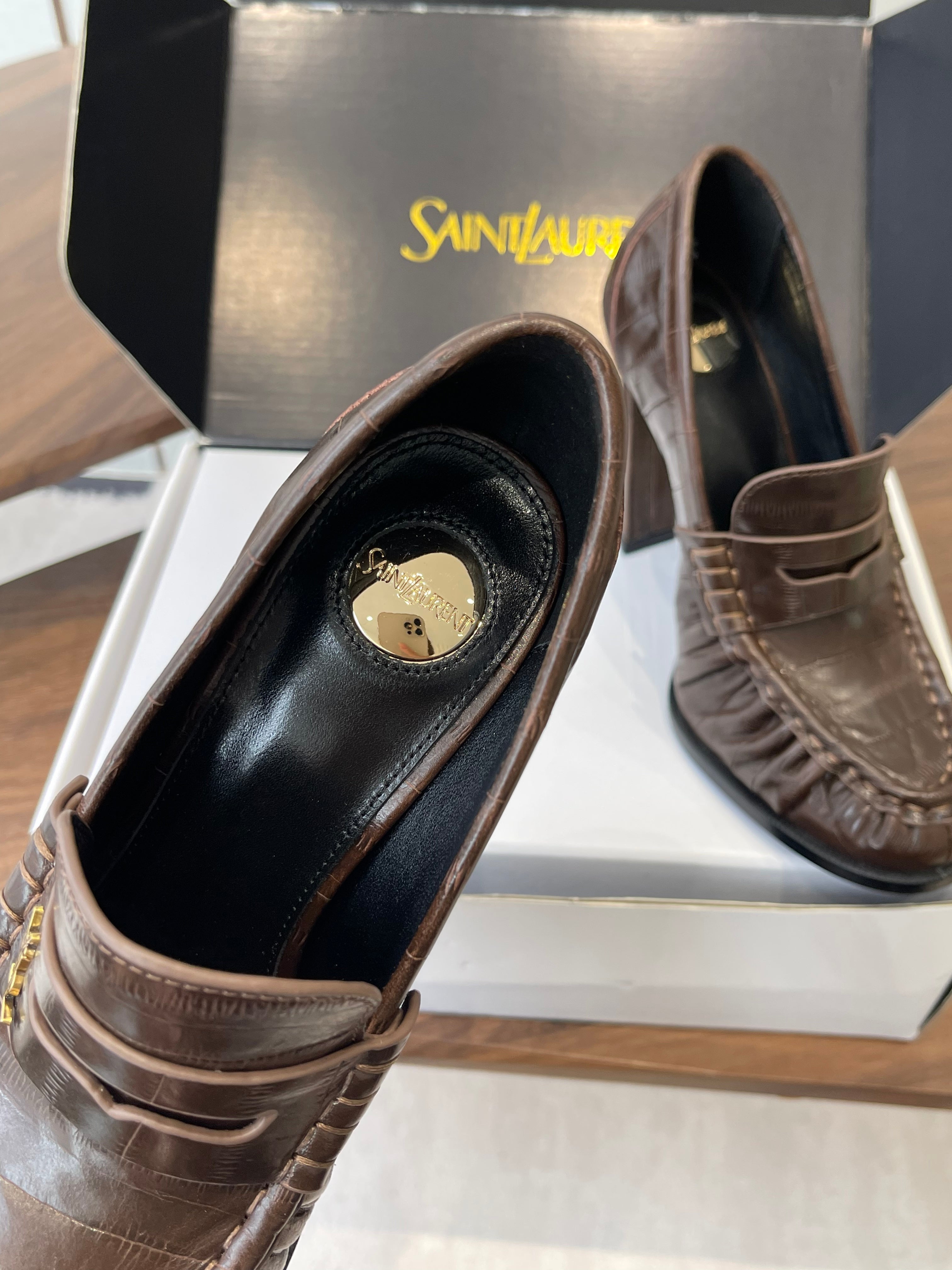 YSL 26S HEELED LOAFERS 100 MM IN DARK BROWN CALFSKIN