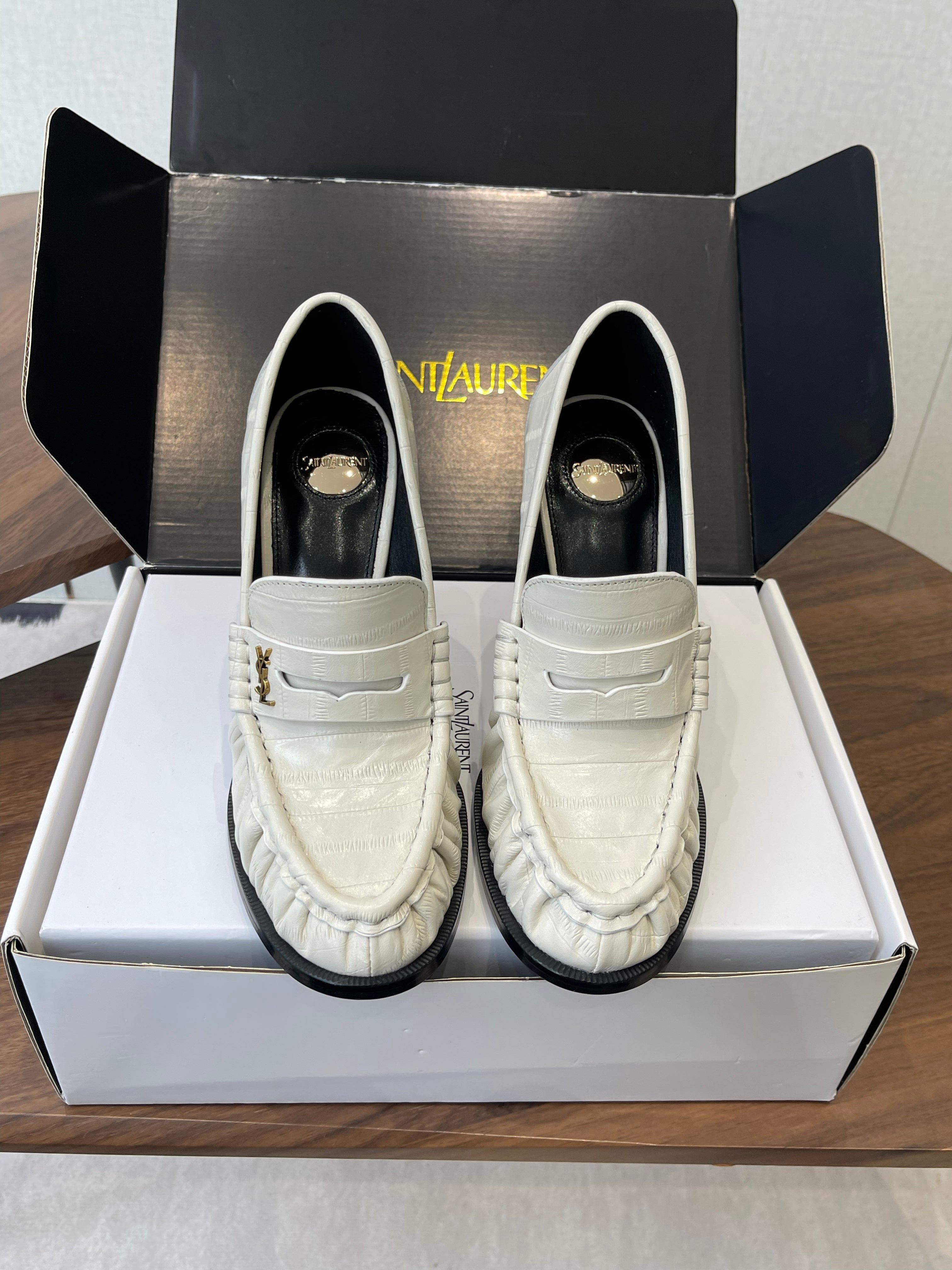 YSL 26S HEELED LOAFERS 100 MM IN WHITE CALFSKIN