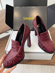 YSL 26S HEELED LOAFERS 100 MM IN DARK RED CALFSKIN