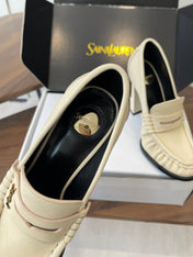 YSL 26S HEELED LOAFERS 100 MM IN SOFT OFF-WHITE CALFSKIN