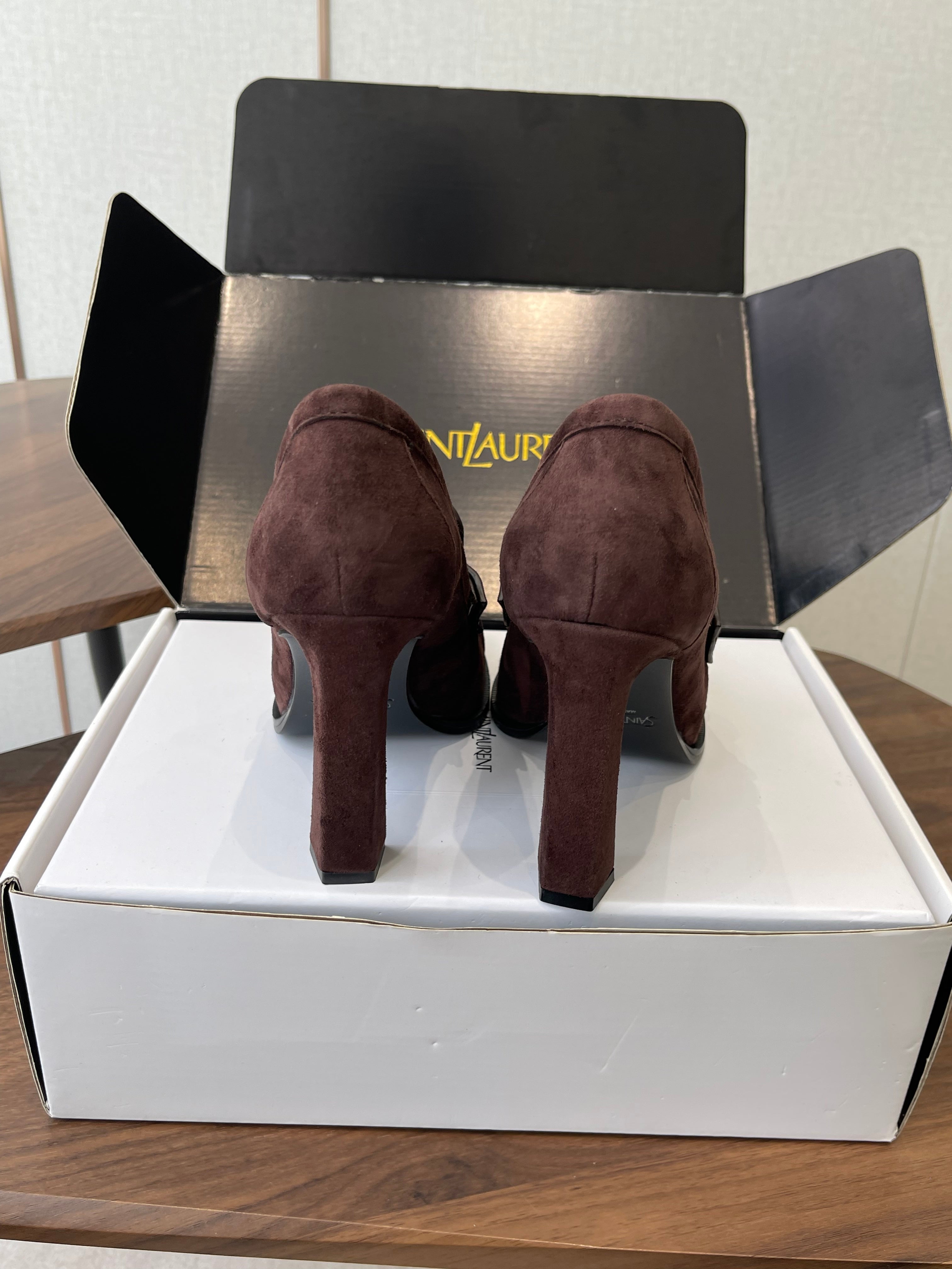 YSL 26S HEELED LOAFERS 100 MM IN WINE BROWN SUEDE