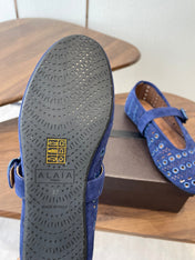 ALAIA 26S MARY JANE FLATS IN DARK BLUE SUEDE
