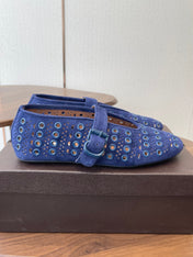 ALAIA 26S MARY JANE FLATS IN DARK BLUE SUEDE