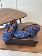 ALAIA 26S MARY JANE FLATS IN DARK BLUE SUEDE