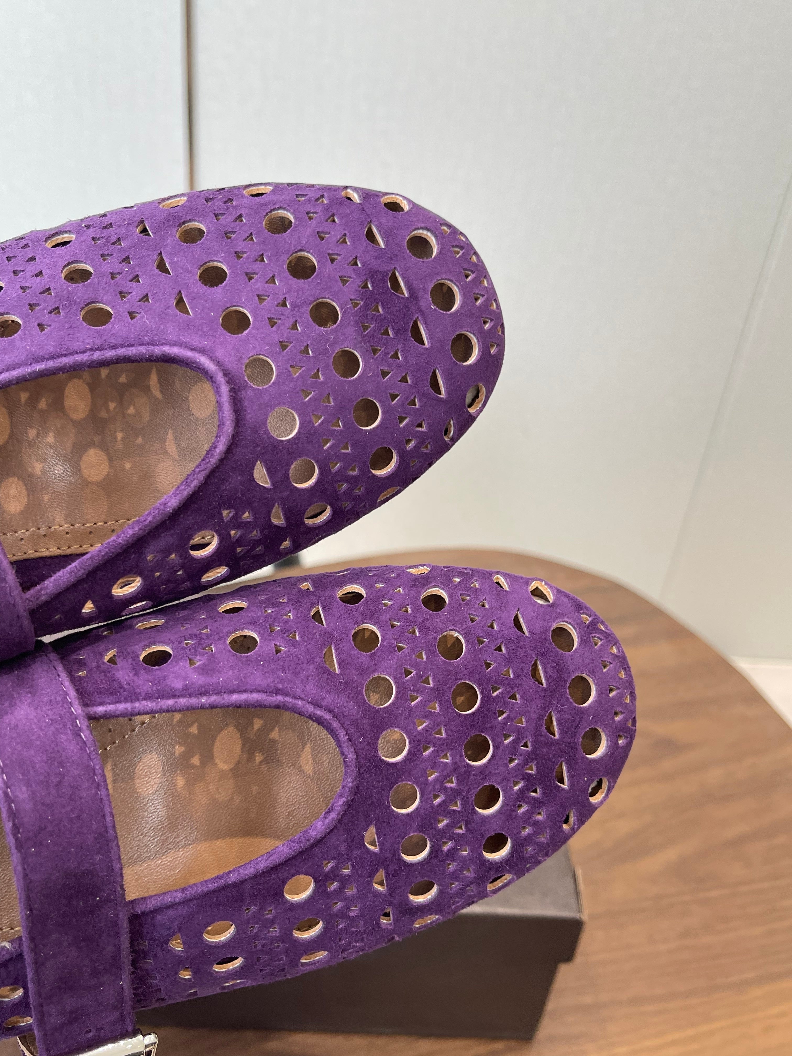 ALAIA 26S MARY JANE FLATS IN DARK PURPLE SUEDE