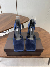ALAIA 26S SQUARE-TOE HIGH HEELS 95 MM IN NAVY BLUE SUEDE