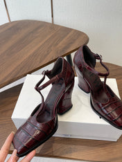 LOEWE 26S ONDA 90MM T-STRAP HIGH-HEEL SHOES IN WINE RED EMBOSSED CROCODILE CALFSKIN