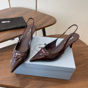 PRADA 26S SLINGBACK PUMPS 75MM IN BURNT BROWN PATENT CALFSKIN WITH LOGO