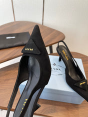 PRADA 26S SLINGBACK PUMPS 75MM IN BLACK SUEDE WITH LOGO