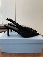 PRADA 26S SLINGBACK PUMPS 75MM IN BLACK SUEDE WITH LOGO