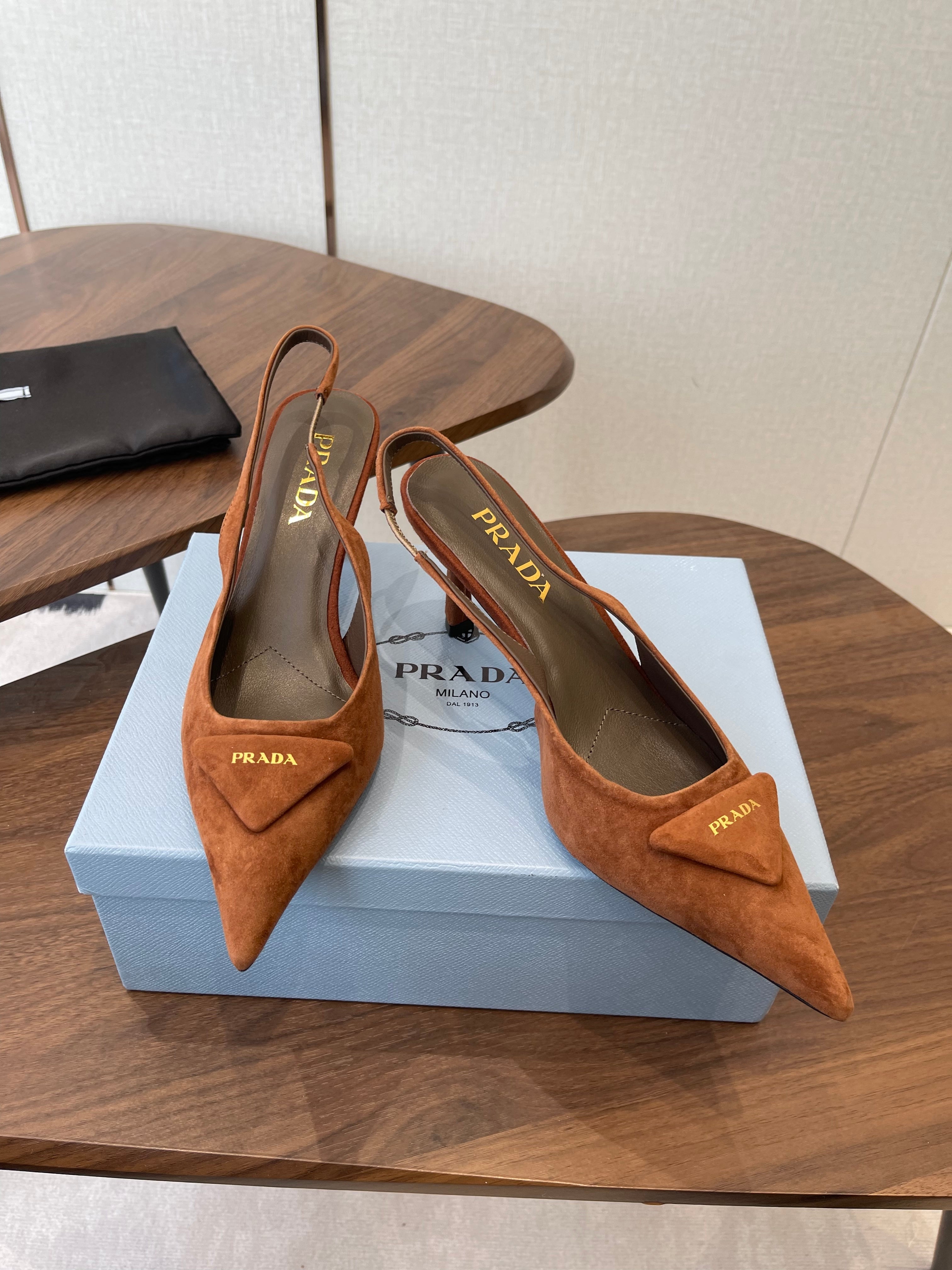 PRADA 26S SLINGBACK PUMPS 75MM IN CARAMEL BROWN SUEDE WITH LOGO