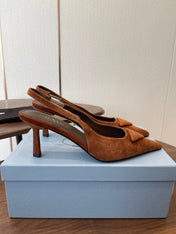 PRADA 26S SLINGBACK PUMPS 75MM IN CARAMEL BROWN SUEDE WITH LOGO