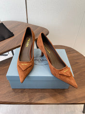 PRADA 26S POINTED TOE HIGH HEELS 75MM IN CARAMEL BROWN SUEDE WITH LOGO