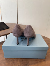 PRADA 26S SLINGBACK PUMPS 75MM IN TAUPE BROWN SUEDE WITH LOGO