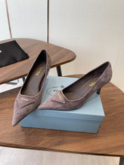 PRADA 26S SLINGBACK PUMPS 75MM IN TAUPE BROWN SUEDE WITH LOGO