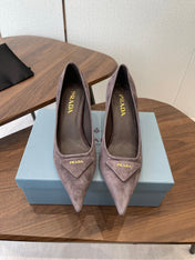 PRADA 26S SLINGBACK PUMPS 75MM IN TAUPE BROWN SUEDE WITH LOGO