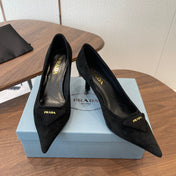 PRADA 26S POINTED TOE HIGH HEELS 75MM IN BLACK SUEDE WITH LOGO