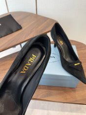 PRADA 26S POINTED TOE HIGH HEELS 75MM IN BLACK SUEDE WITH LOGO