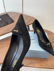 PRADA 26S POINTED TOE HIGH HEELS 75MM IN BLACK SUEDE WITH LOGO