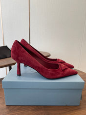 PRADA 26S POINTED TOE HIGH HEELS 75MM IN DARK RED SUEDE WITH LOGO