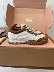 MIUMIU 26S SNEAKERS IN WHITE AND CARAMEL BROWN FABRIC AND SUEDE