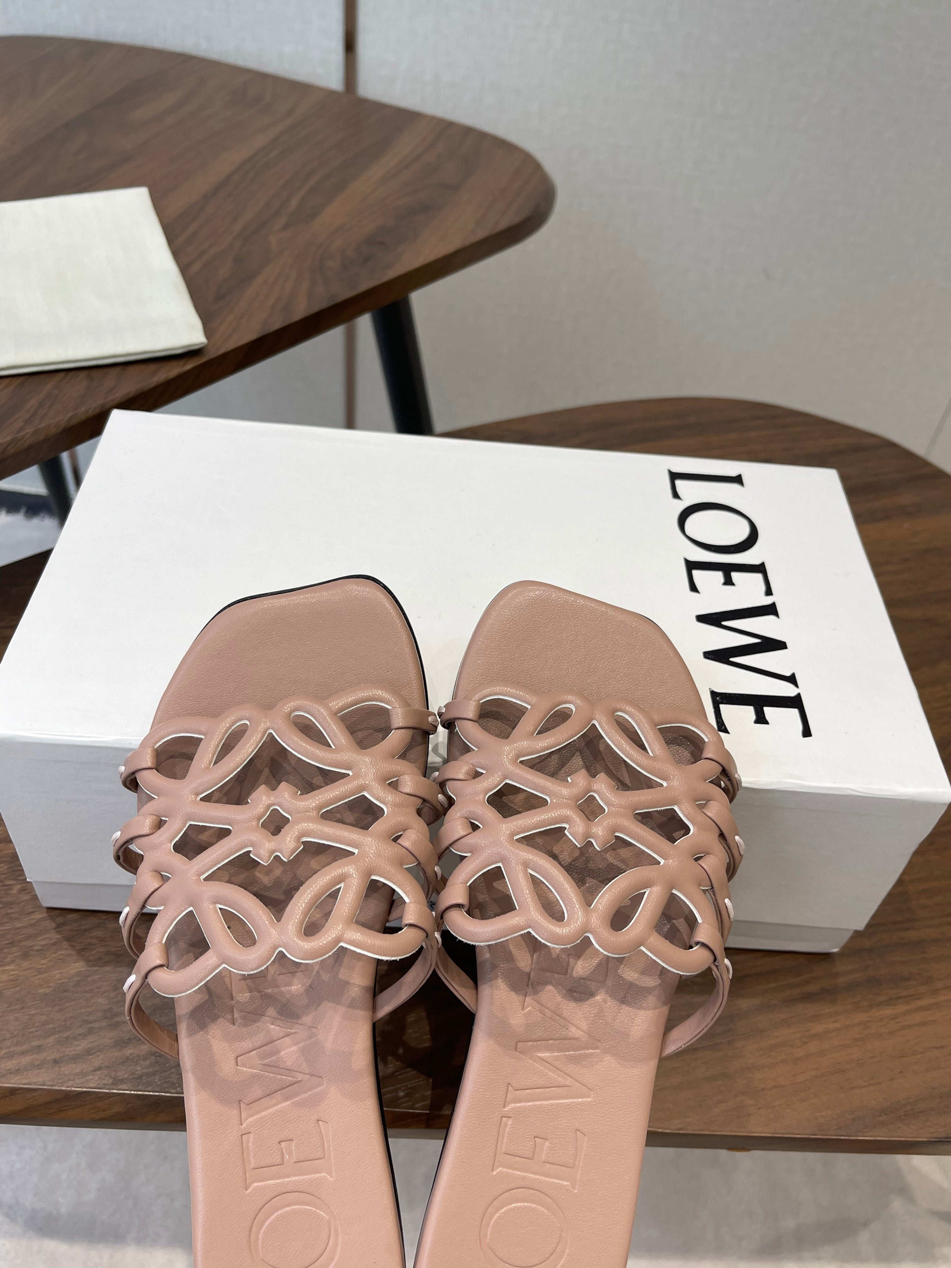 LOEWE 26S PETAL ANAGRAM SLIDE IN TAUPE BROWN CALFSKIN
