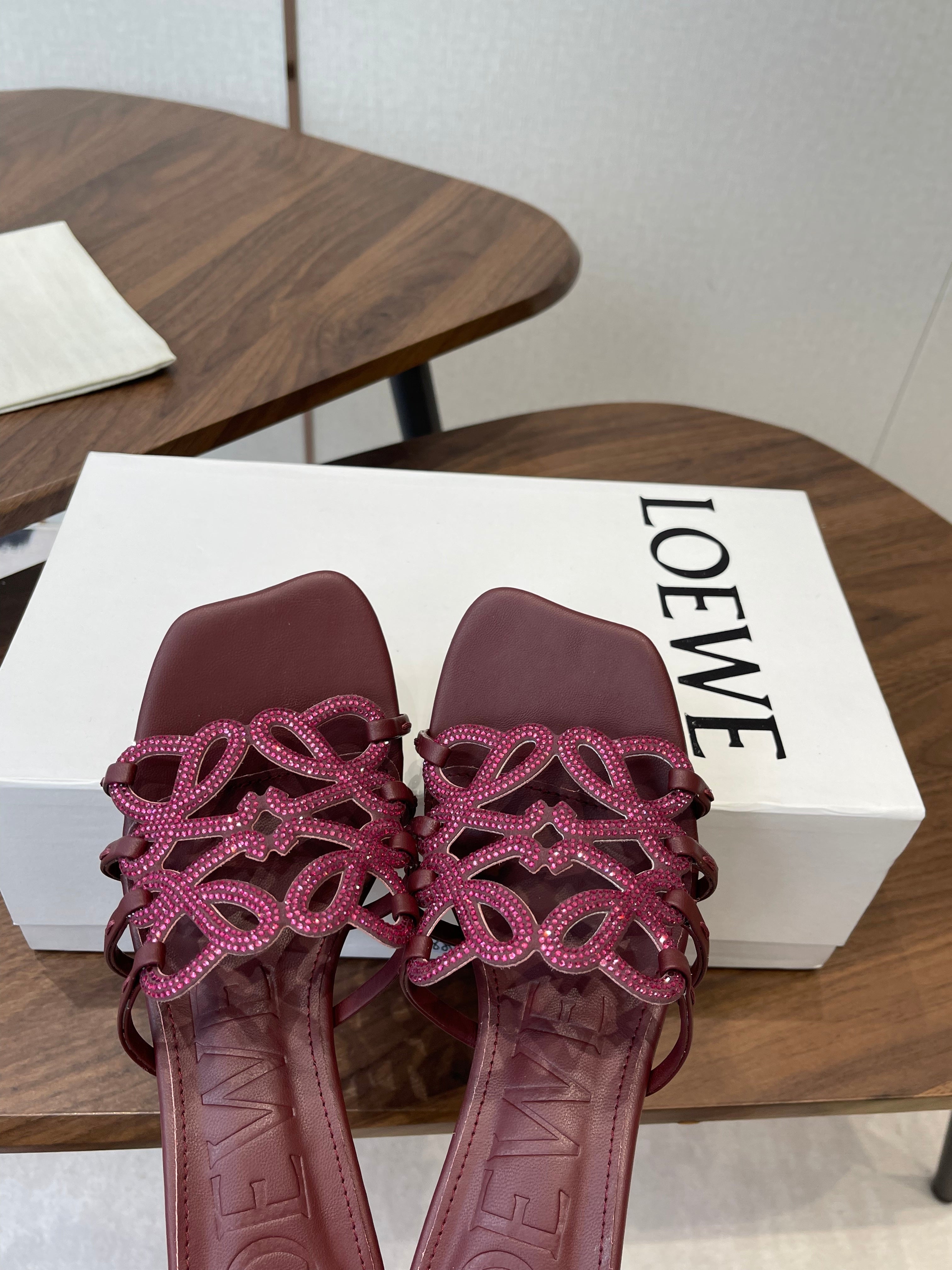 LOEWE 26S HIGH HEEL SANDALS IN WINE RED CALFSKIN WITH CRYSTALS