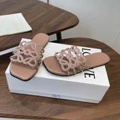 LOEWE 26S PETAL ANAGRAM SLIDE IN TAUPE BROWN CALFSKIN WITH CRYSTALS