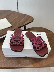 LOEWE 26S FLAT SANDALS IN WINE RED CALFSKIN WITH CRYSTALS