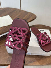 LOEWE 26S FLAT SANDALS IN WINE RED CALFSKIN WITH CRYSTALS
