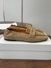 THE ROW 26S SQUARE TOE LOAFERS IN BEIGE SUEDE