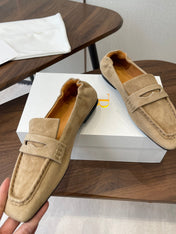 THE ROW 26S SQUARE TOE LOAFERS IN BEIGE SUEDE