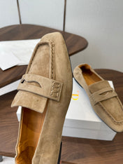 THE ROW 26S SQUARE TOE LOAFERS IN BEIGE SUEDE