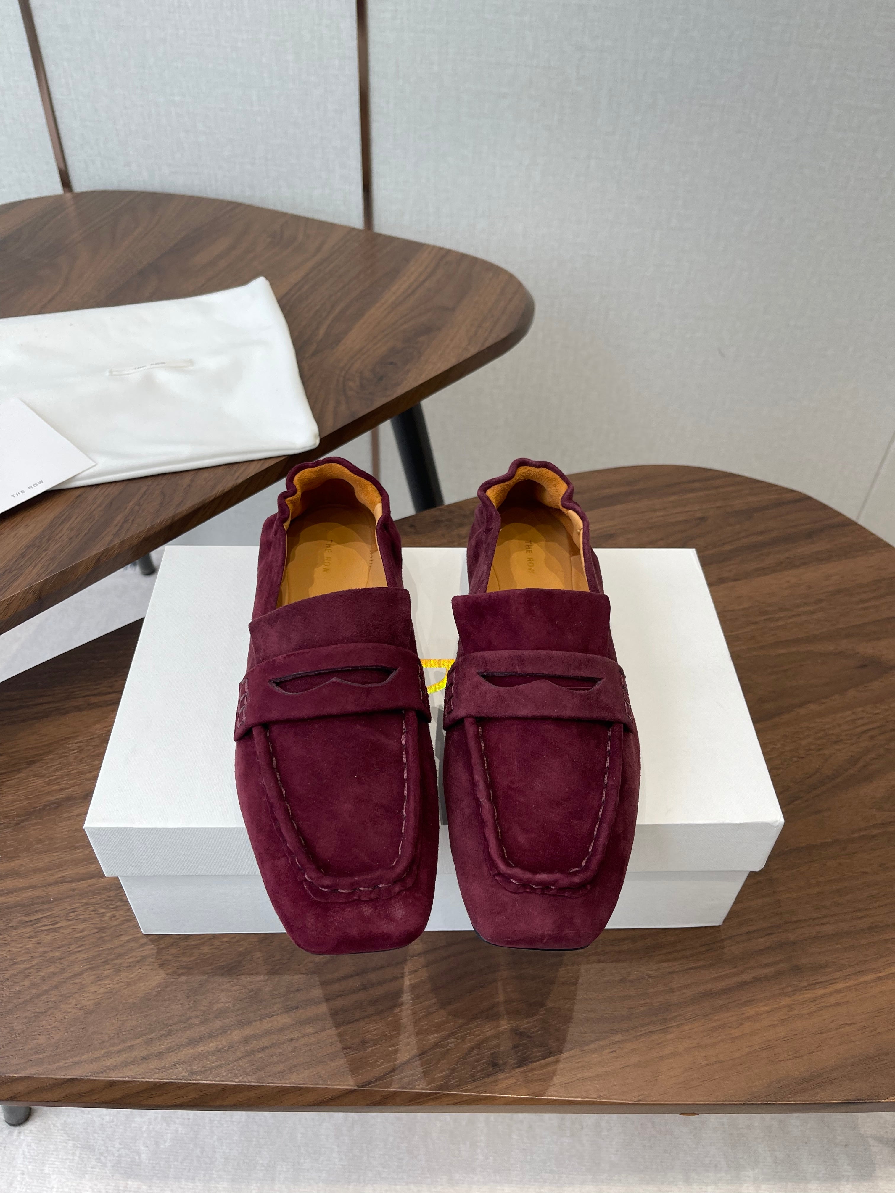 THE ROW 26S SQUARE TOE LOAFERS IN BURGUNDY RED SUEDE