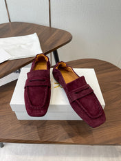 THE ROW 26S SQUARE TOE LOAFERS IN BURGUNDY RED SUEDE